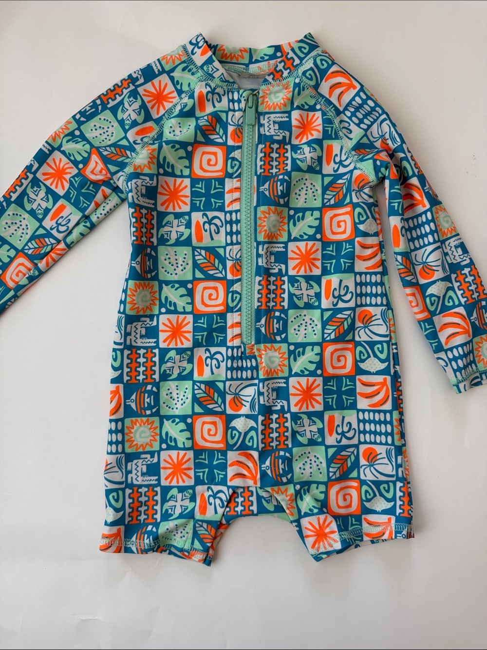 Old Navy Long-Sleeve One-Piece Swimsuit Teal & Orange - Sun & Wave Print 18-24M